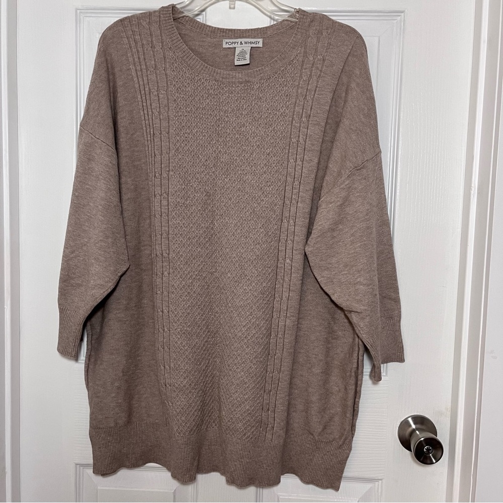 Women's Plus Brown Heathered Crew Neck Sweater Elbow length sleeve